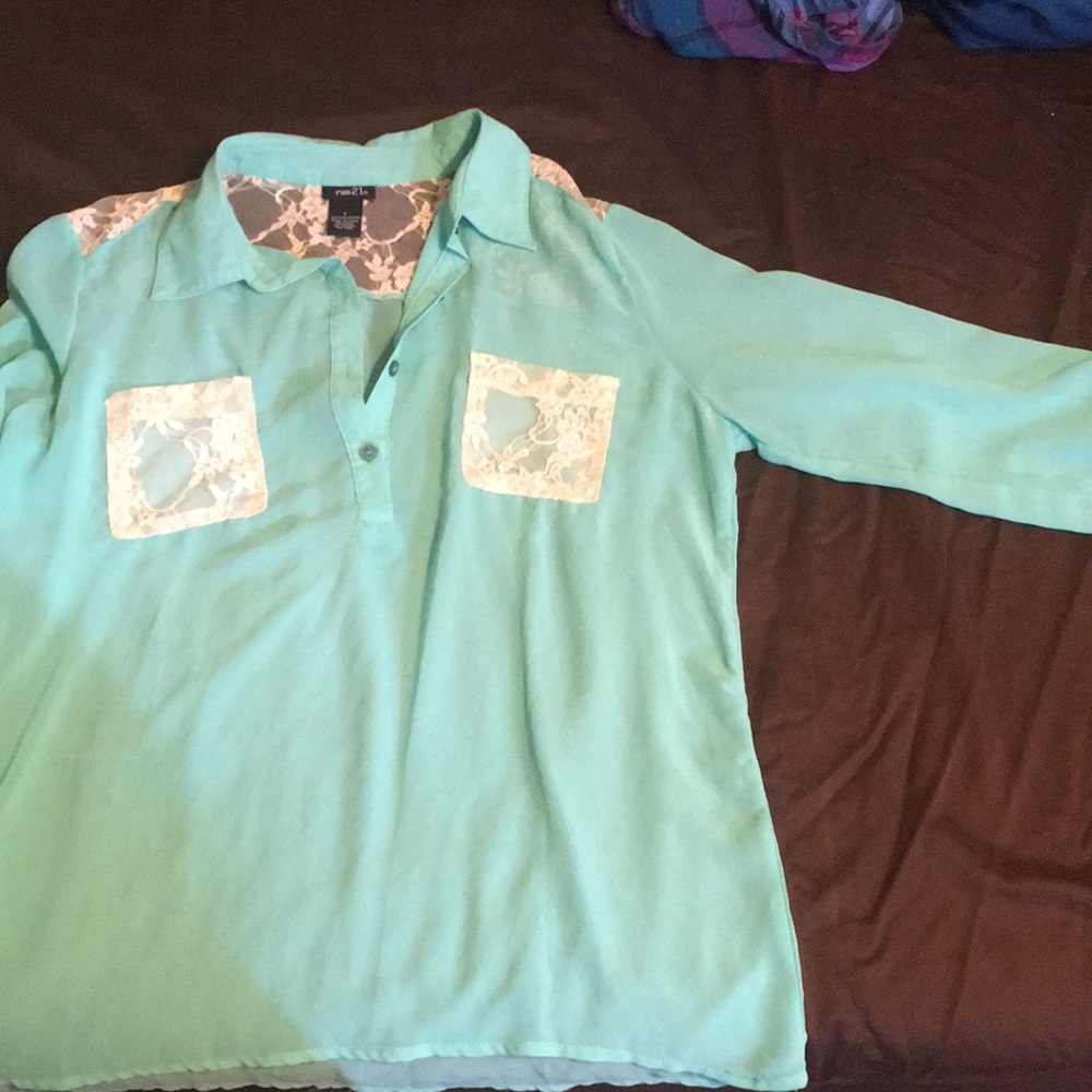 Mint shear and lace blouse